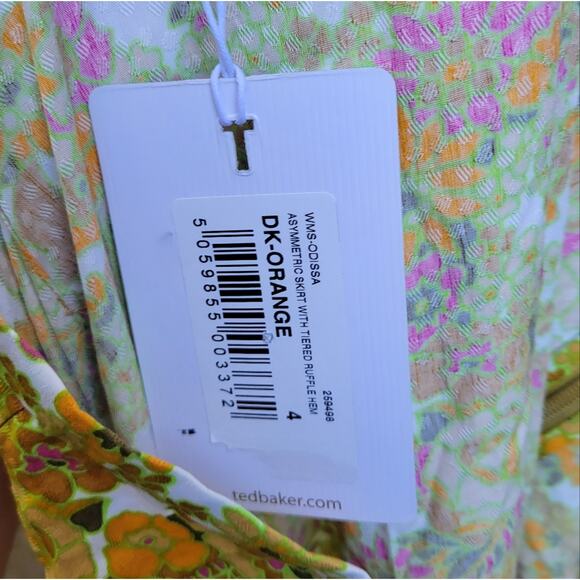 Ted Baker Odissa Skirt Floral Asymmetric Tiered Ruffle Midi Orange Multi US 10 - Picture 8 of 9